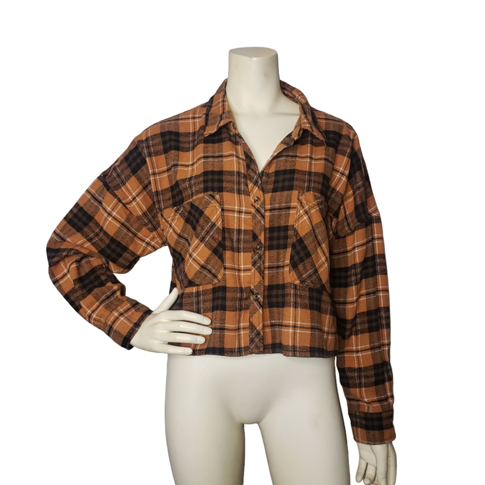 MISS POSH Brown Cropped Flannel Shirt Jacket Size Large - Picture 1 of 6